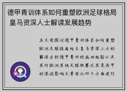 德甲青训体系如何重塑欧洲足球格局 皇马资深人士解读发展趋势