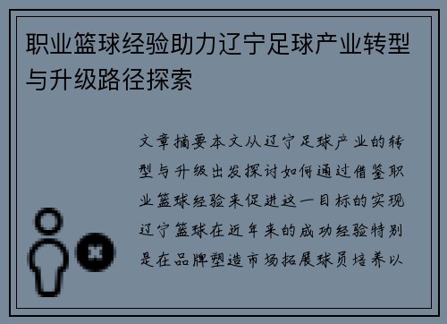 职业篮球经验助力辽宁足球产业转型与升级路径探索