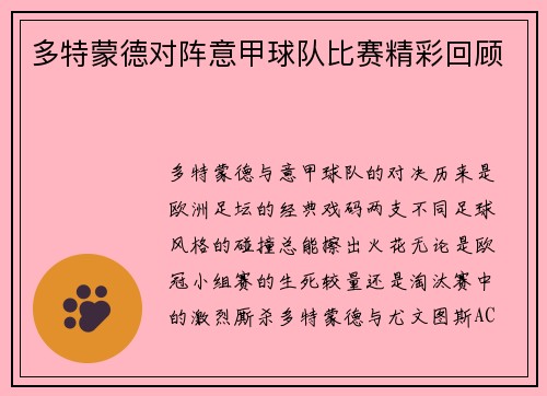 多特蒙德对阵意甲球队比赛精彩回顾