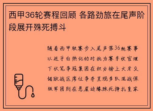 西甲36轮赛程回顾 各路劲旅在尾声阶段展开殊死搏斗